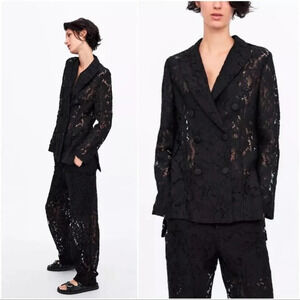Zara double breasted lace black pants suit